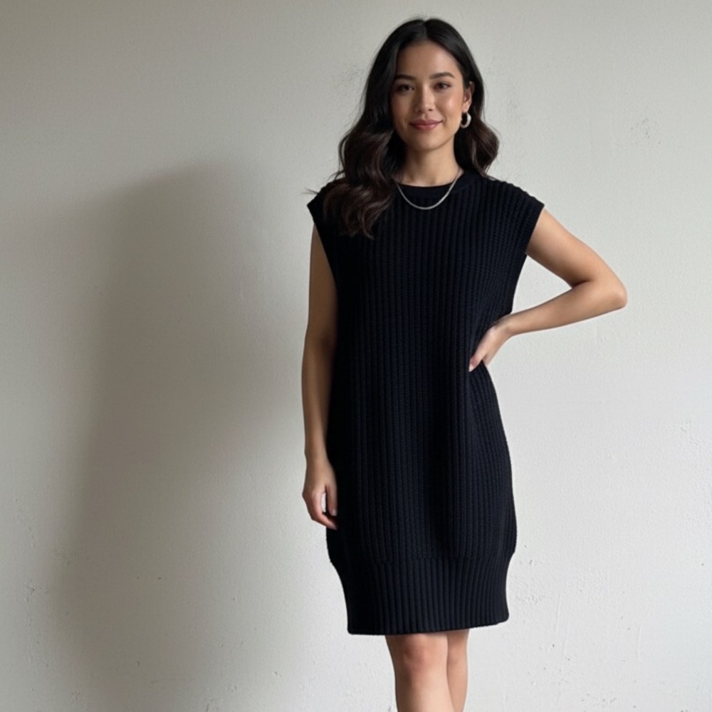 All Saints Sz M Navy Blue Knit Ribbed Sleeveless Cotton Wool Mini Dress